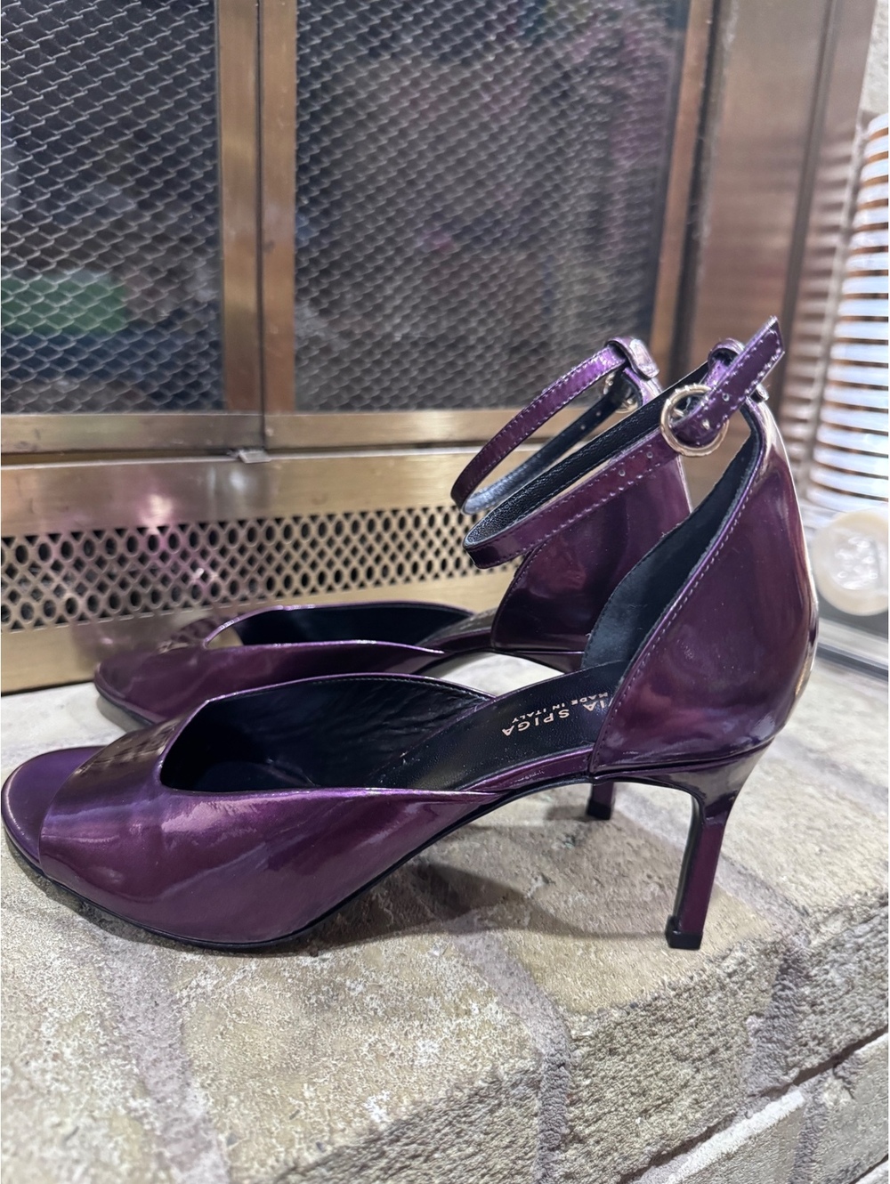 Via Spiga Purple Metallic Leather Heels 7M Made in Italy Ankle Strap Y2K